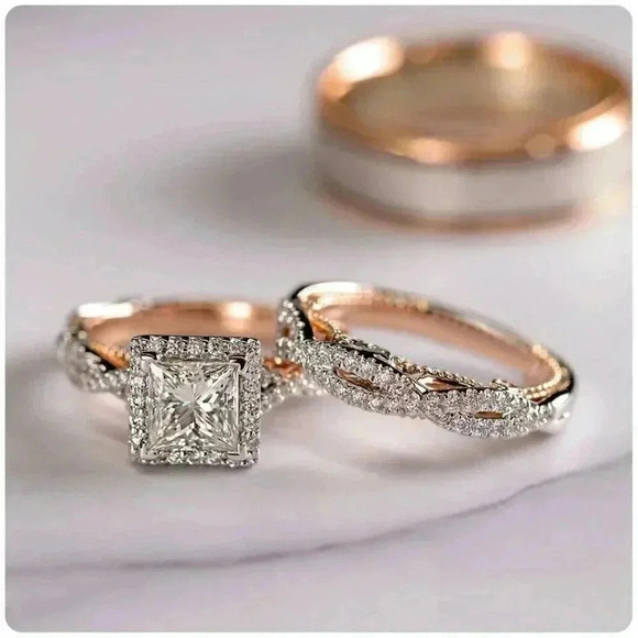 NEW Beautiful 14k Rose Gold and Sterling Silver 2ct CZ Halo 2 Piece Set - Picture 1 of 3